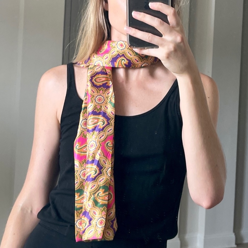 Vintage 1960s Paisley Scarf, Pink Purple and Green Patterned Scarf